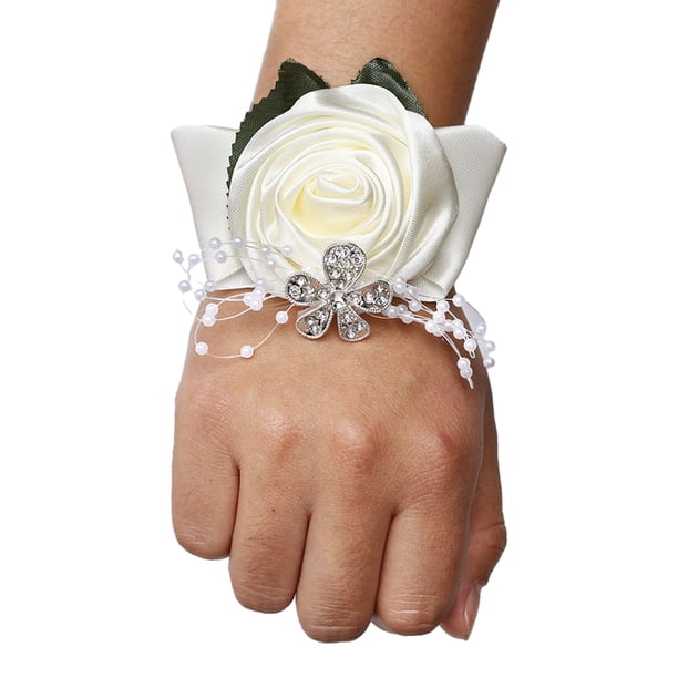 Monstrate elástica elegante, ramillete de muñeca de rosa satinado hecho a mano, decorativo y ligero, de larga duración Kits de decoración para fiestas N1 blanco lechoso