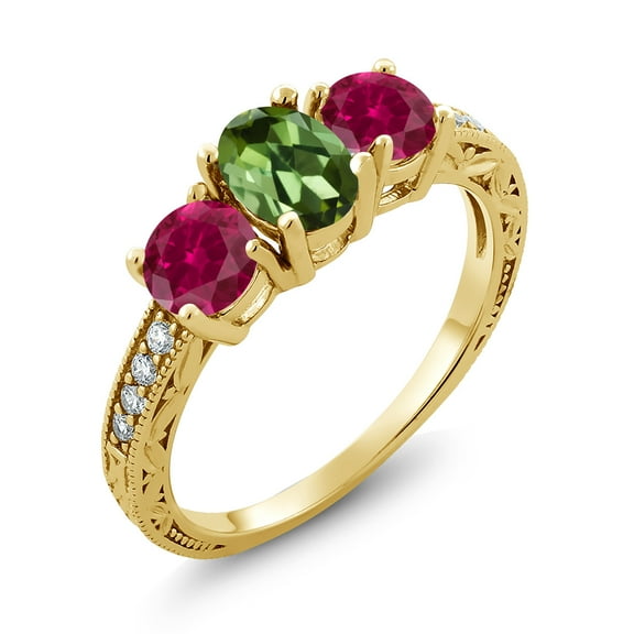 Gem Stone King 2.82 Ct Oval Green Tourmaline Red Created Ruby 18K Yellow Gold Plated Silver Moissanite Ring (Size 8)