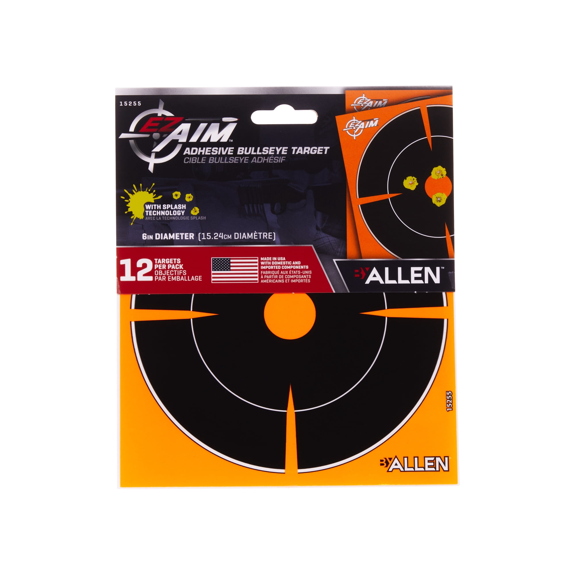 Ez Aim Adhesive Splash Reactive Paper Shooting Targets, Bullseye, 6 In Square, 12-Pack, Black & Orange