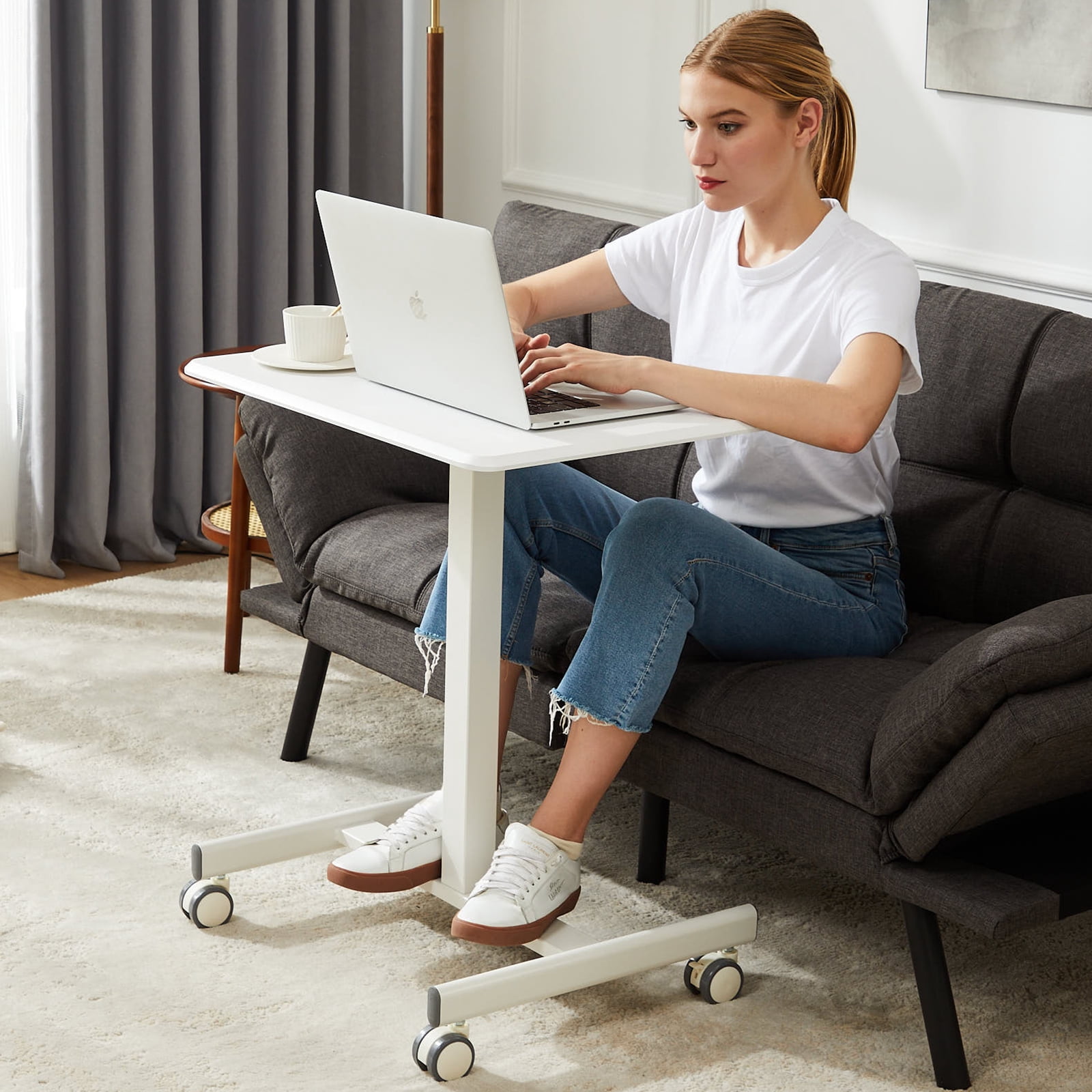 CONCETTA Small Mobile Standing Desk, Portable Rolling Laptop Cart with Adjustable Height and Wheels, Computer Table for Home Office, White