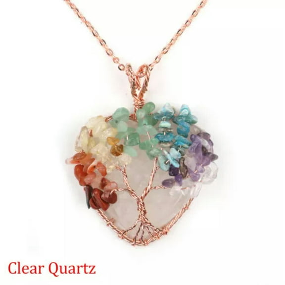 Tree of Life Heart Necklace Natural Crystal Wire Wrapped Quartz Stone Pendant