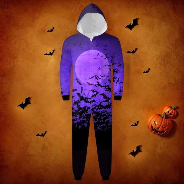Family Halloween Pjs Matching Sets Halloween Print Long Sleeve Zippered One Piece Pajama Hooded Jumpsuit Winter Halloween Pjs Family Set