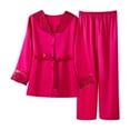 thumbnail image 2 of Women's Ice Silk Two Piece Set Casual Solid Color V Neck Lace Long Sleeve Tops long Pants Set Satin Pajama Set Hot Pink XL, 2 of 3