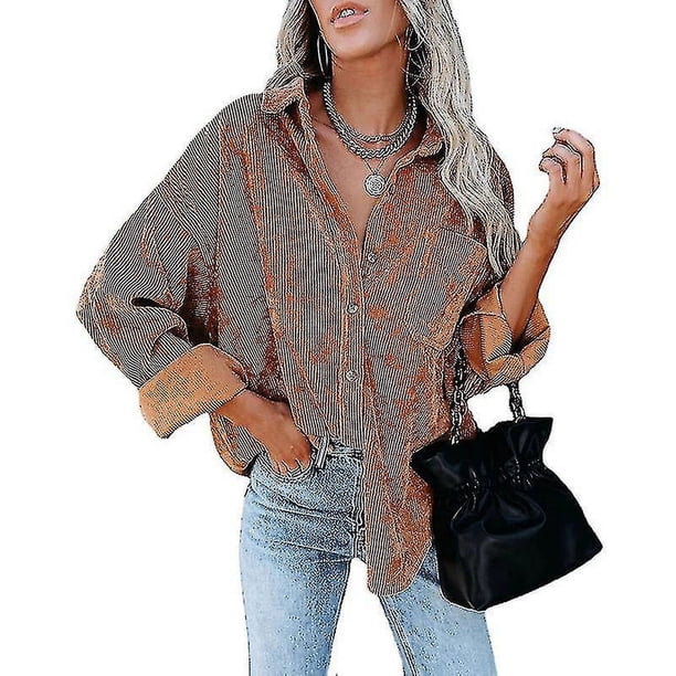 Camisa de pana de manga larga para mujer, chaqueta extragrande informal holgada con botones y bolsillo