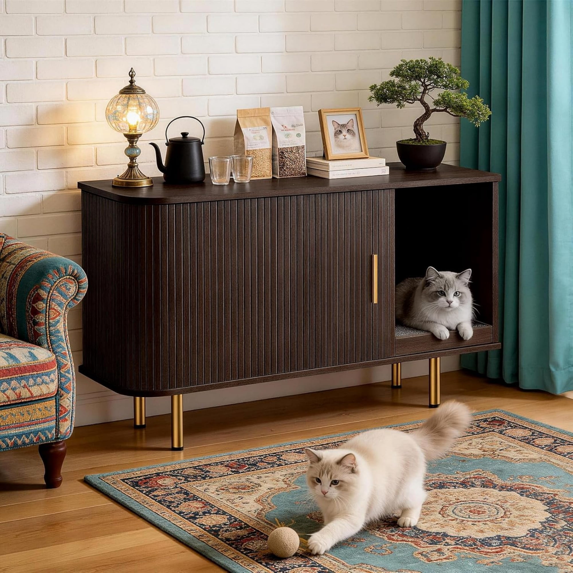Cat Litter Box Enclosure Furniture with Sliding Door, Hidden Cat House Cabinet with Scratch Pad, Modern TV Stand Side Table, Coffee