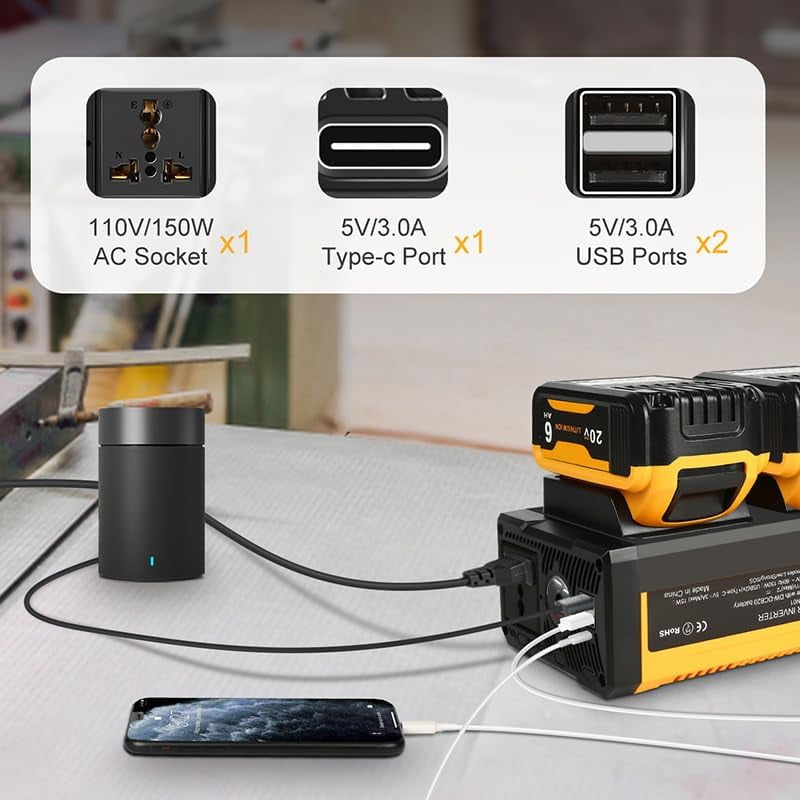 150W Power Inverter for De*walt 20V Battery, DC 20V to AC 110-120V Battery Inverter, Portable Power Station Generator, Charger Adapter Battery Powered Outlet with 2 USB Ports & 1 Type-C & 1 AC Outlet