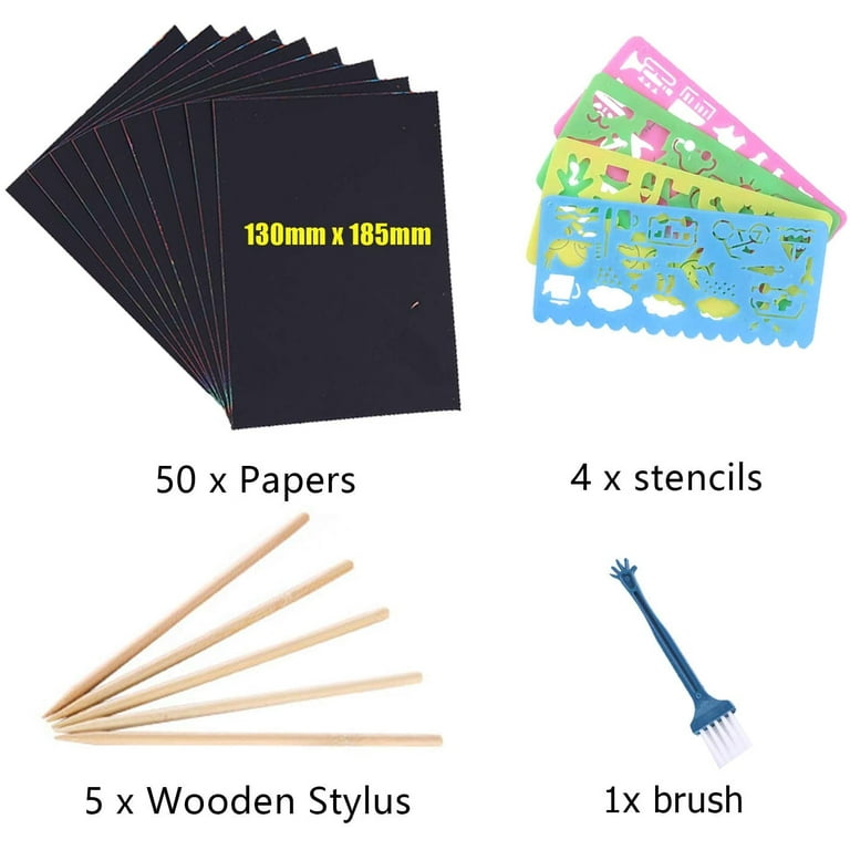Scratch Art Set, 50 Piece Rainbow Magic Scratch Paper for Kids Black  Scratch Off Art Notes Boards with 5 Wooden Stylus f - AliExpress