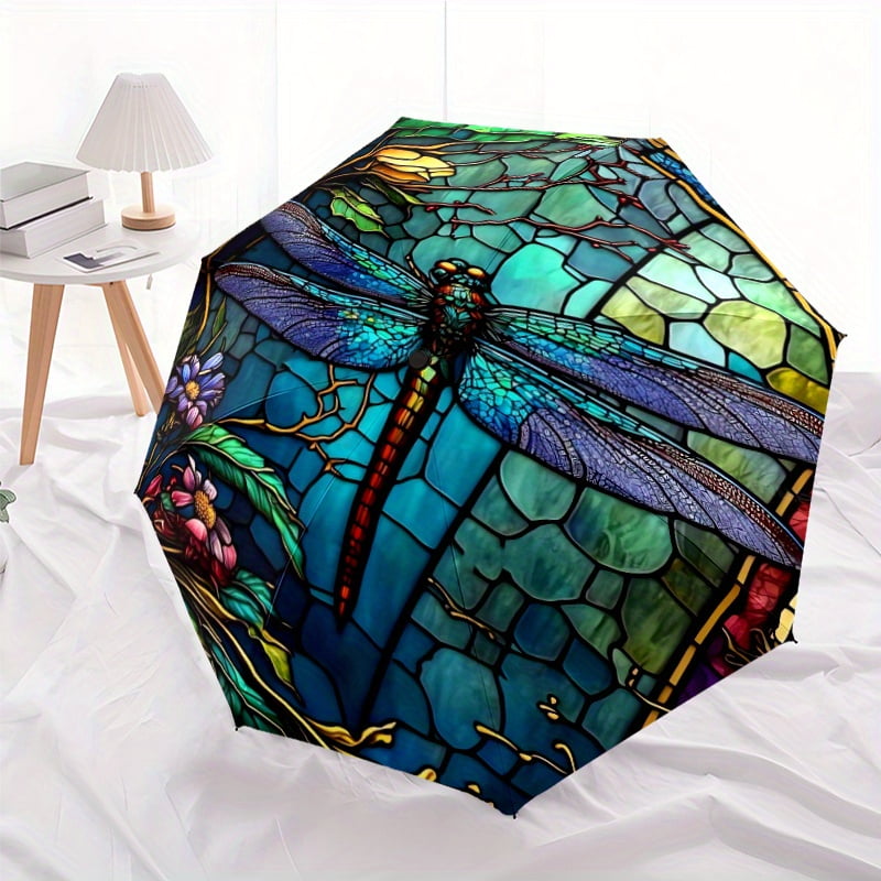 1 Dragonfly Colored Glass Pattern Umbrella - 8 Spokes, Automatic Open/Close, Windproof Portable Folding Sunshade with Vibrant Blue and Purple Dragonfly Design, D