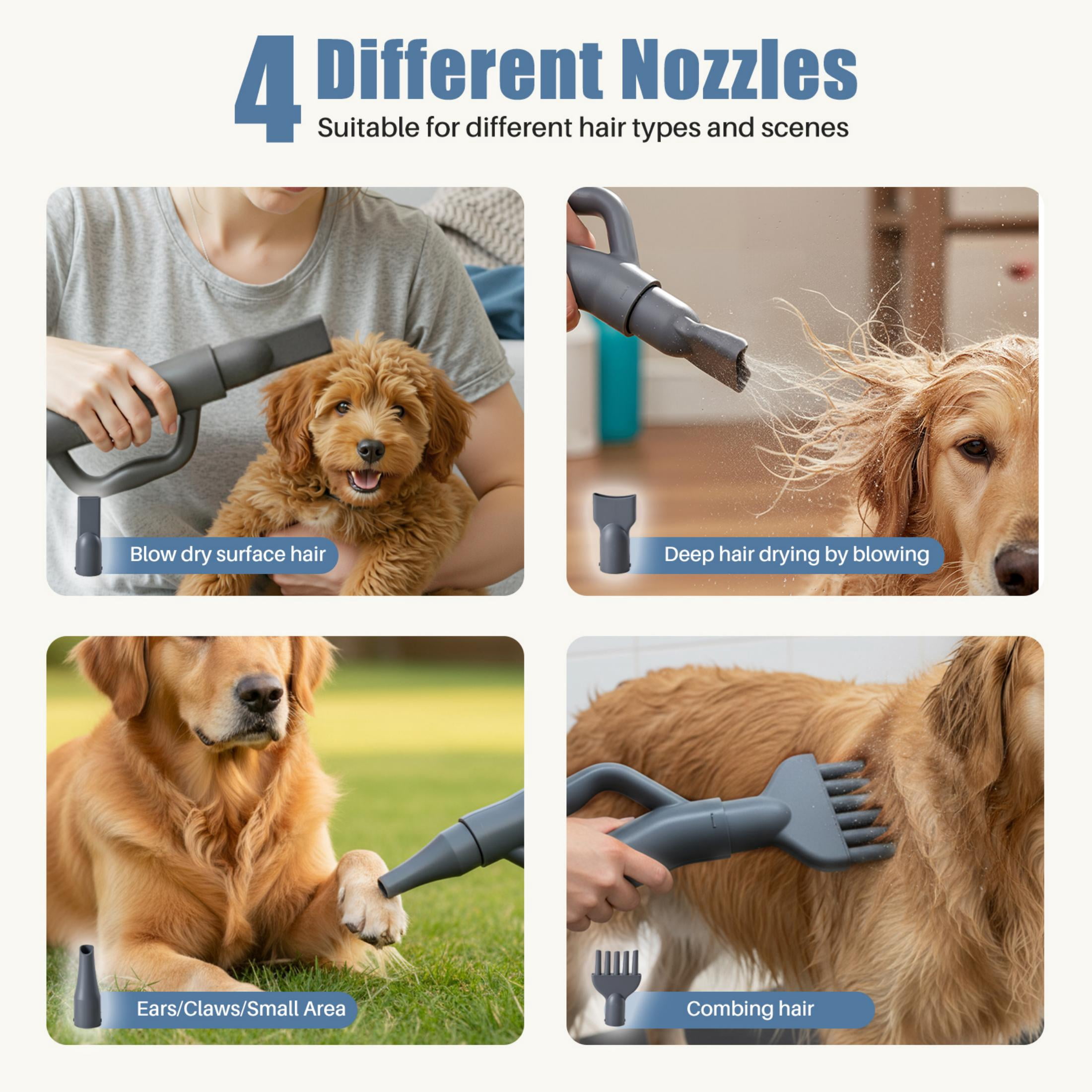 EDX Dog Blower Pet Hair Dryer with Adjustable Wind Speed & Heater Temperature, High Velocity Large Dog Hair Grooming Blower, 4 Nozzles, 6.5ft Cord for Dog Hair Force Blower, Gray