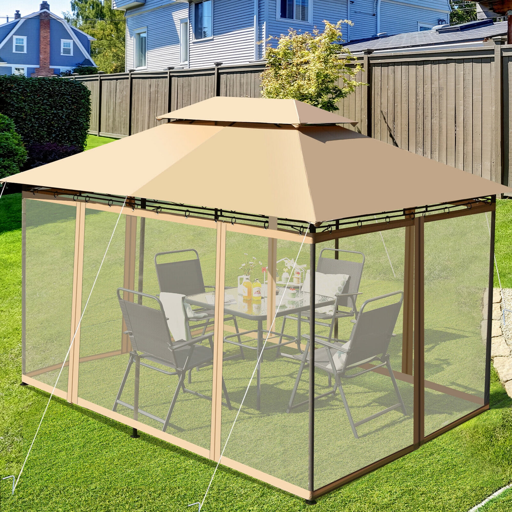 Gymax 2-Tier 10'x13' Steel Gazebo Canopy Tent Shelter Patio Garden Outdoor Netting Tan