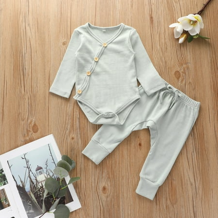 

Tejiojio Girls and Toddlers Soft Cotton Clearance Newborn Baby Boys Girls Long Sleeve Solid Button Romper+Pants Fall Winter Outfit