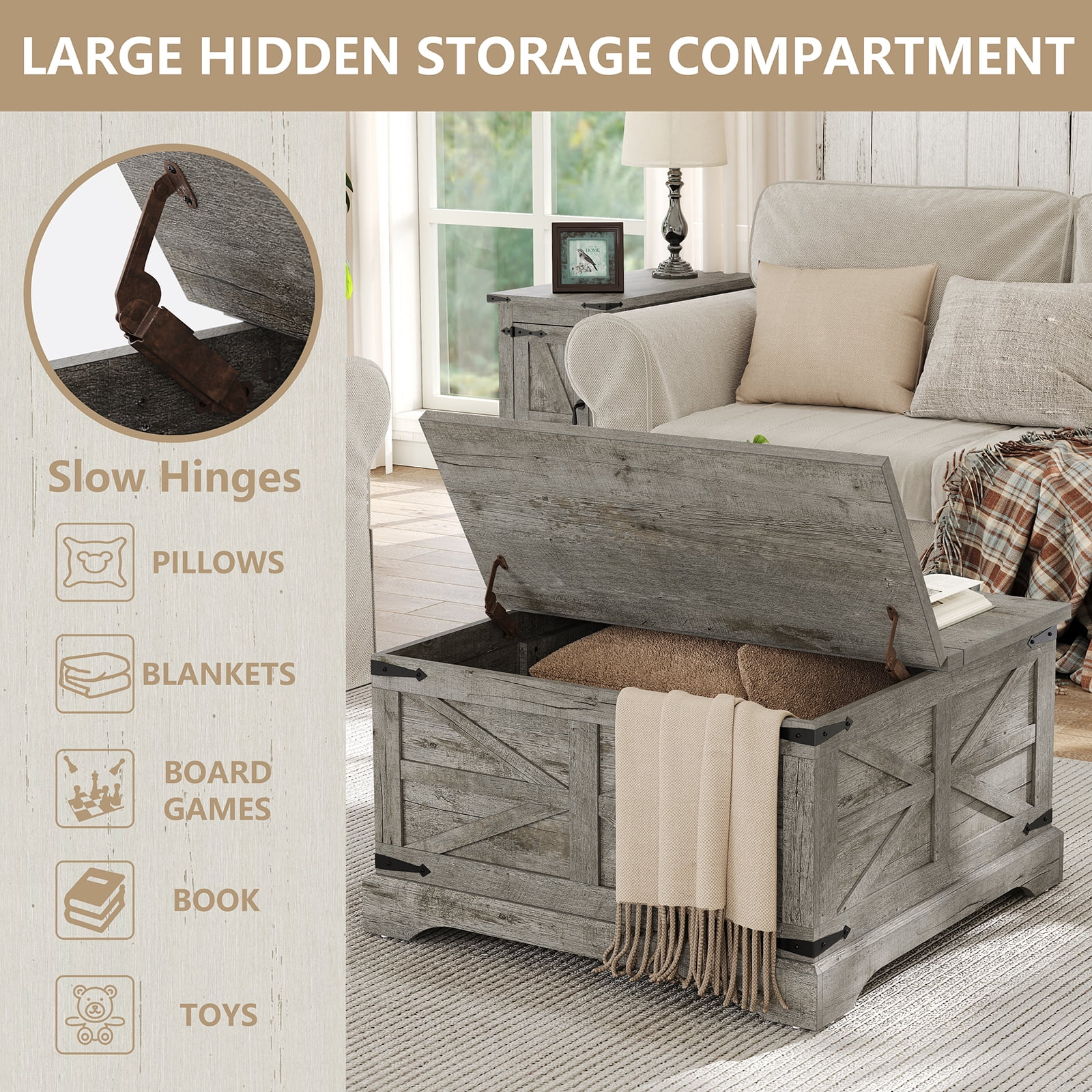 Furnihold Square Coffee Table with Storage Farmhouse Lift Top Coffee Table Wood Rustic Center Table for Living Room Home, Grey Oak