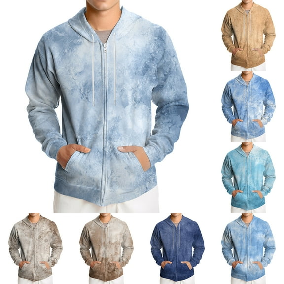 Men's Loose-fitting Casual Tie-Dye Gradient Print Hooded Drawstring Jacket Sports Sweatshirt for Winter Fashion Christmas,Cyan,L