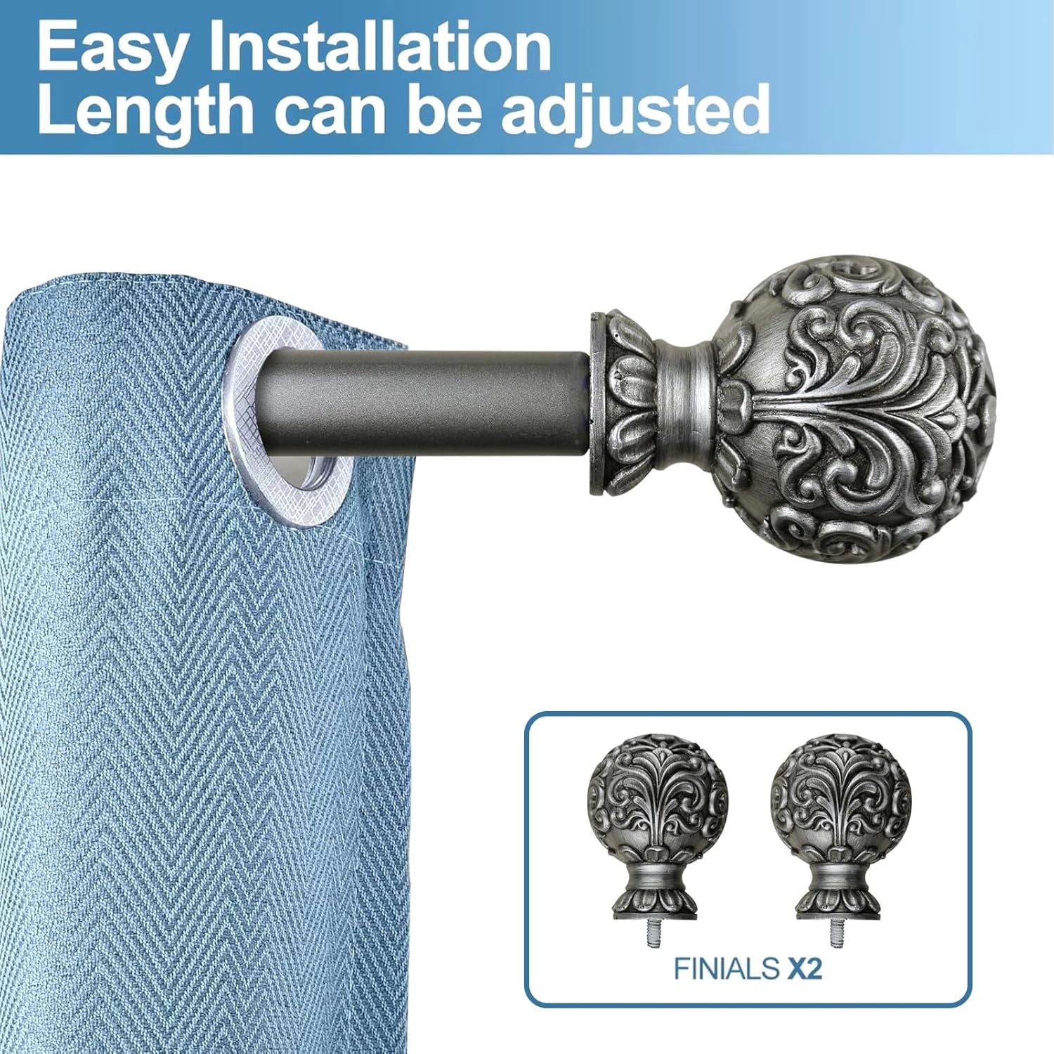 Urbanest Adjustable Single Curtain Rod Set Scroll Ball Finials – 1 - Inch Diameter, With Pewter Rod, 48–84 Inches