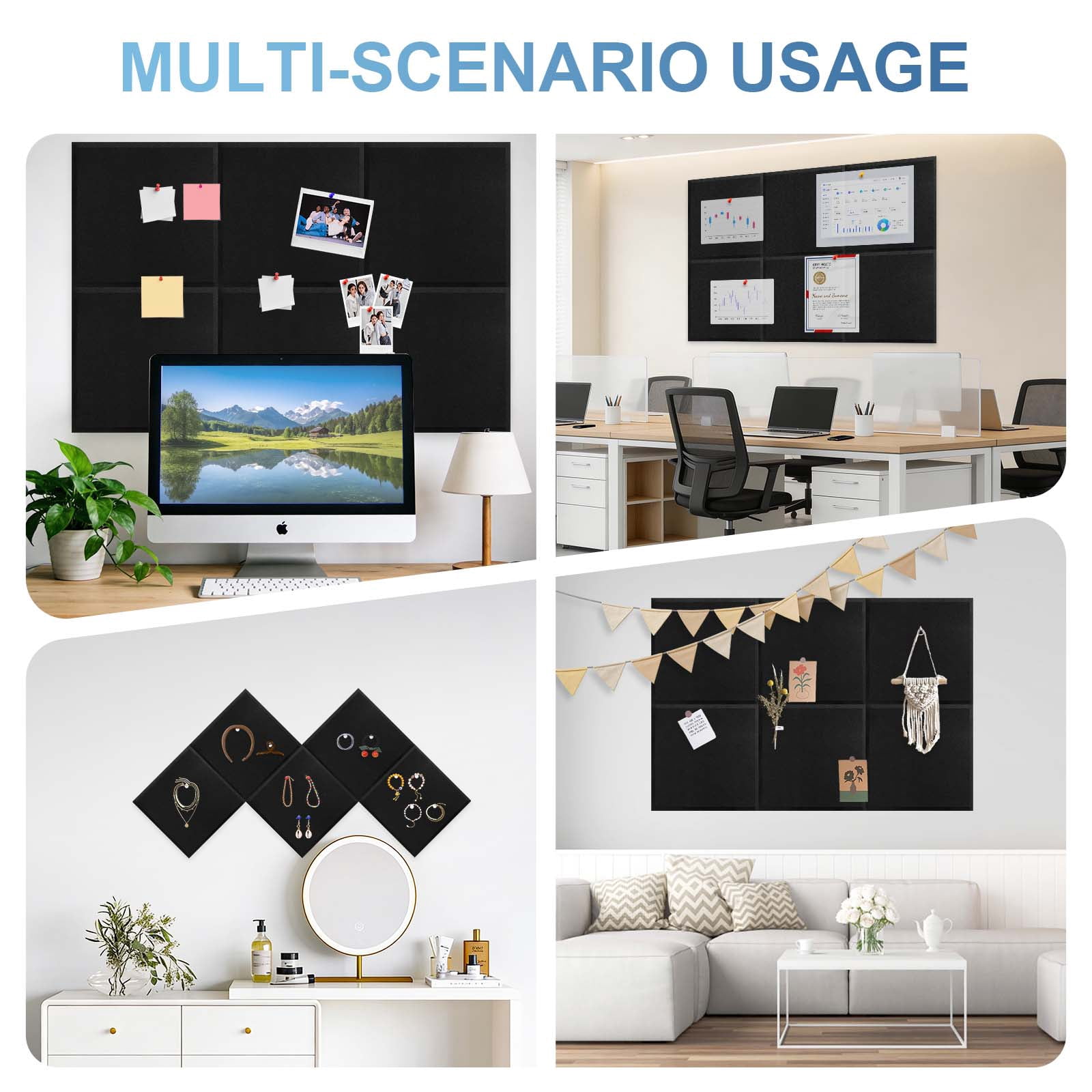 Large Cork Board 36" x 24" Alternative - 6 Pack Felt Wall Tiles with 50 Safe Removable Adhesive Tabs, 30 Pushpins, Cork Boards for Walls Pin Board Bulletin Board Office Decor (Black)