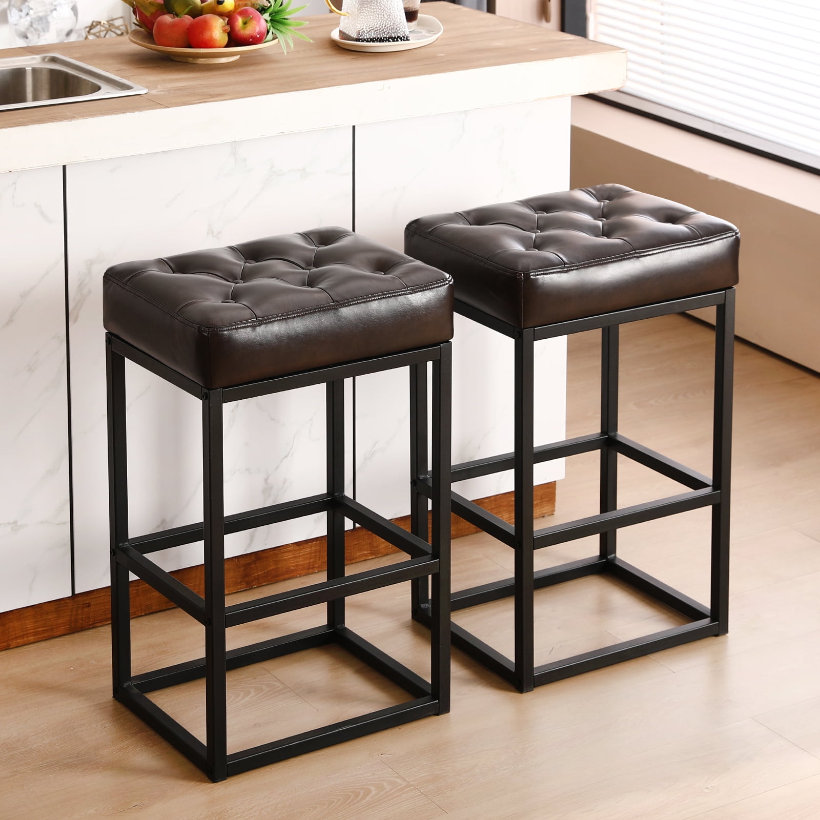 30"Black Brown Leather Counter Stools Set of 2 Backless Bar Stools