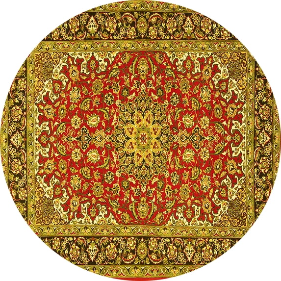 Ahgly Company Machine Washable Indoor Round Medallion Yellow Traditional Area Rugs, 5' Round
