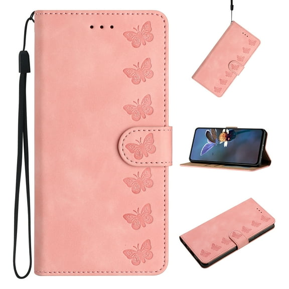 Wallet Case for iPhone 14 Plus, [2 Card Slots] [Kickstand] [Magnetic Clasp] Butterfly Pattern Premium PU Leather Flip Cover, Wrist Hand Strap TPU Shockproof Purse Case for iPhone 14 Plus, Pink