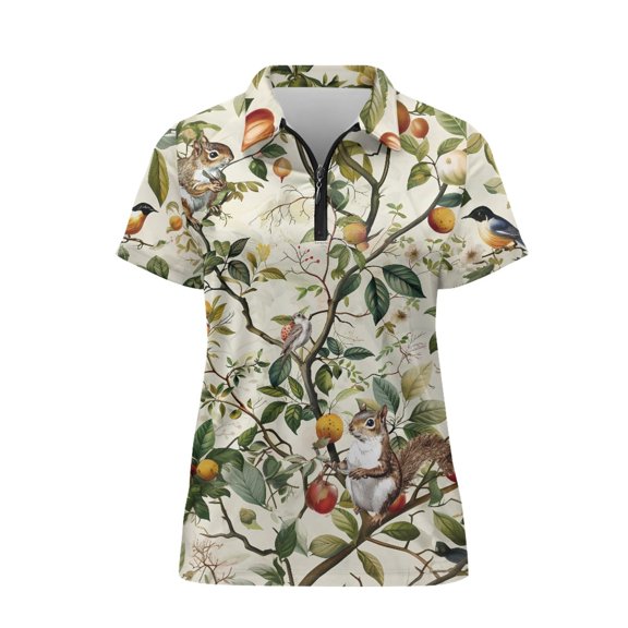 CHAQLIN Squirrels in Fruit Tree Tennis Shirts for Golf Outdoor, Breathable Polyester Polo Shirts V Neck Moisture Wicking Women Short Sleeve Golf Shirts