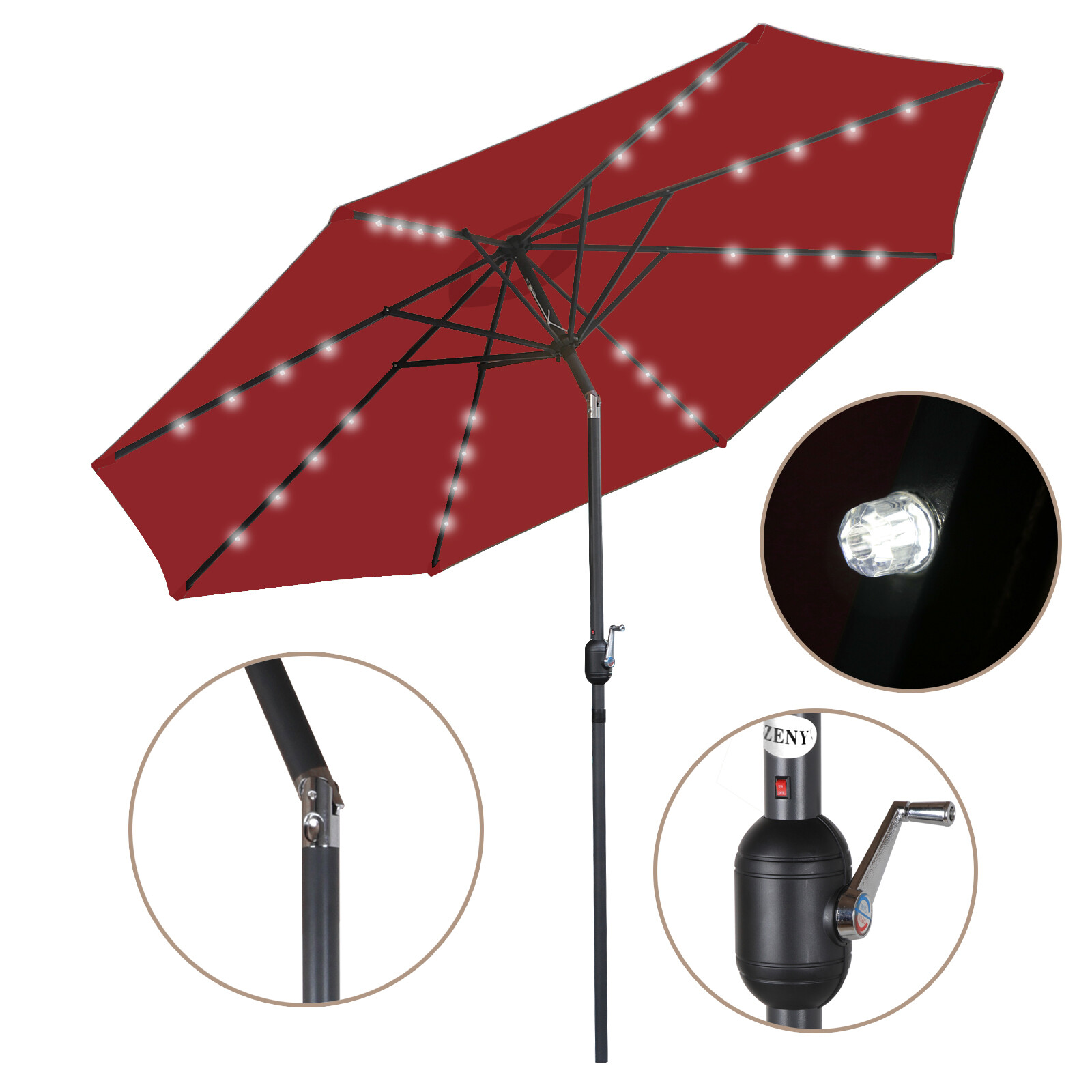 HomGarden 10FT Outdoor Solar Powered Patio Umbrella, 32LED Lighted Table Market Umbrella W/Tile