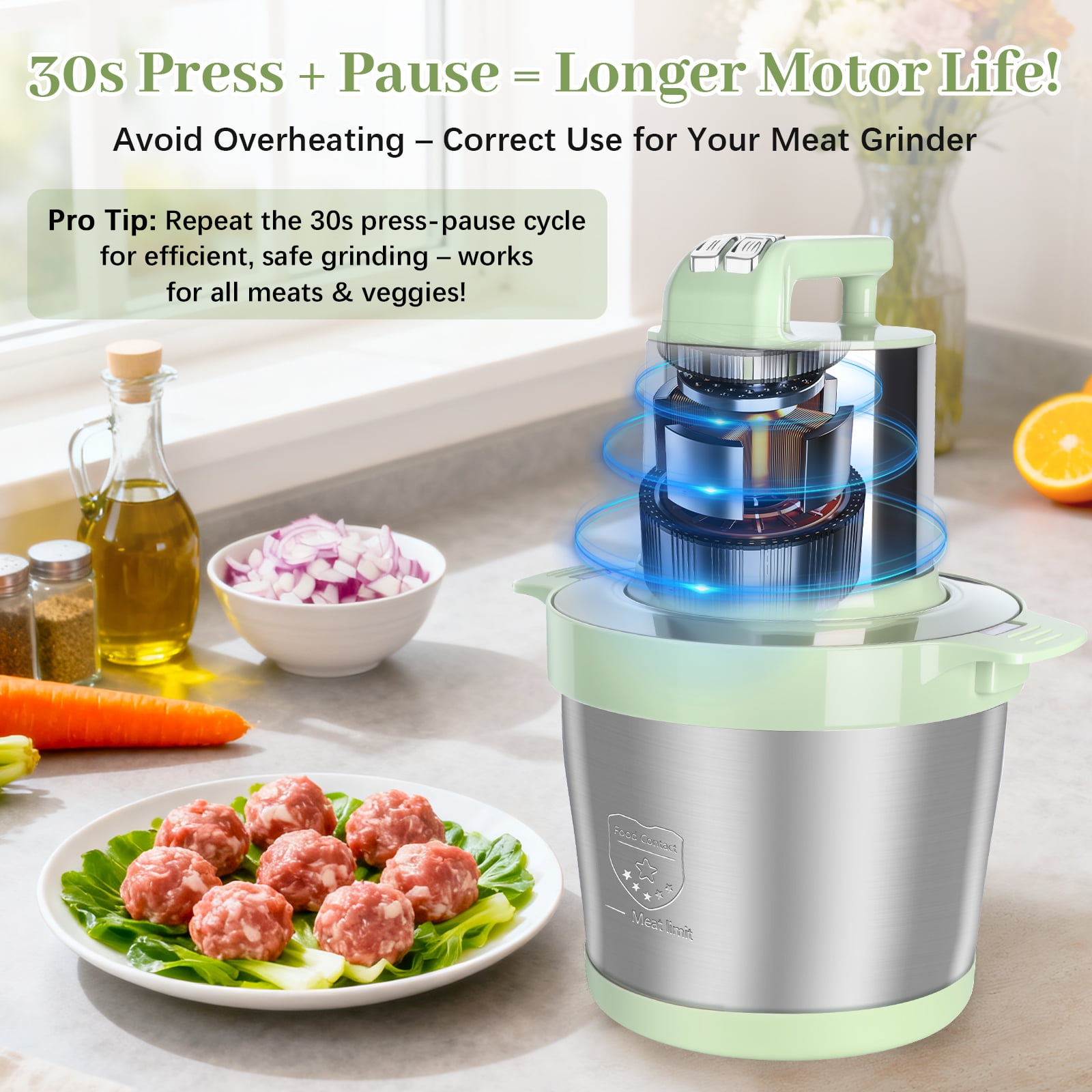 LAC LAICHY 3-Speeds 24 Cup Large Electric Meat Grinder,Electric Chopper,Food Processor with 4- Stainless Steel Blades,1500W High power Copper Motor For Meat,Baby Food,Green