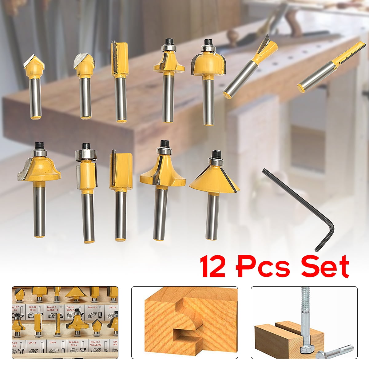 12 Pce Tungsten Carbide Tipped TCT Router Bits 1/4" Shank Sealed Bearing Bit Set 