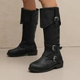 thumbnail image 2 of Rokment Vintage Wide Calf Knee High Riding Boots for Women Retro Casual Leather Buckles Mid Heel Foldver Tall Boots Black Size 6, 2 of 6
