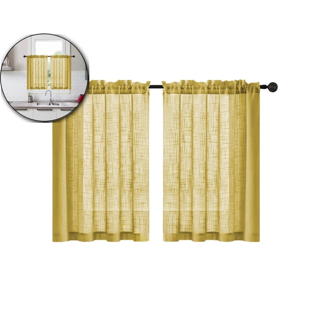 Spring Linen Textured Kitchen Window Curtains over Sink 25×30 Inch Length Semi Sheer Farmhouse Small Curtains for Cafe Bathroom Basement, Short Rod Pocket Tier Curtains 2 Panels