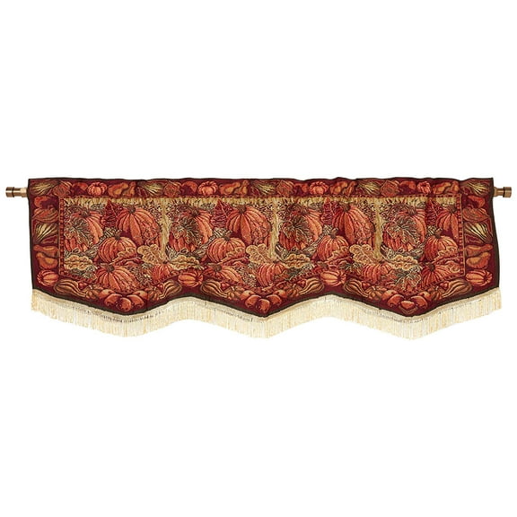 Violet Linen Fall Harvest Thanksgiving Autumn Leaves Sunflowers Fruits Tapestry Pattern, Polyester Cotton, Fringes, Pumpkins, 60" x 18", Decorative Window Treatment Rod Pocket Curtain Straight Valance