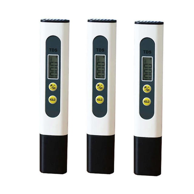 probador de agua, medidor de ph digital con atc, medidor de ph/ec/tds/temperatura 4 en 1 probador tipo pluma de alta precisión de resolución 0,01 — tres probadores tipo pluma blancos con base y tapa negras en vista frontal, cada uno con pantalla LCD, botón ON/OFF y botón HOLD amarillos y marca TDS en el panel; indicado para medir pH, EC, TDS y temperatura en agua potable, acuarios, piscinas o hidroponía, apto para pruebas domésticas y de laboratorio.