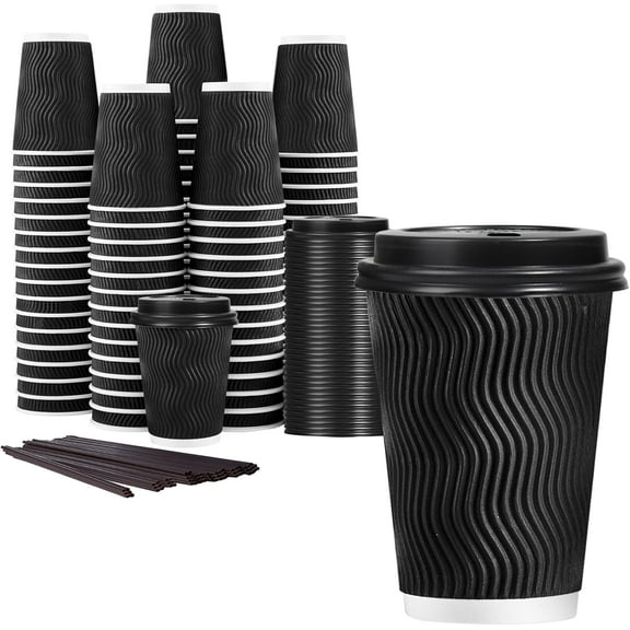 12 oz Disposable Coffee Cups with Lids, 50 Pack Insulated Hot Cups To Go Paper Coffee Cups with Lids and Straws, Corrugated Ripple Wall Cup for Hot Drink, Office, Coffee Bar (Black)