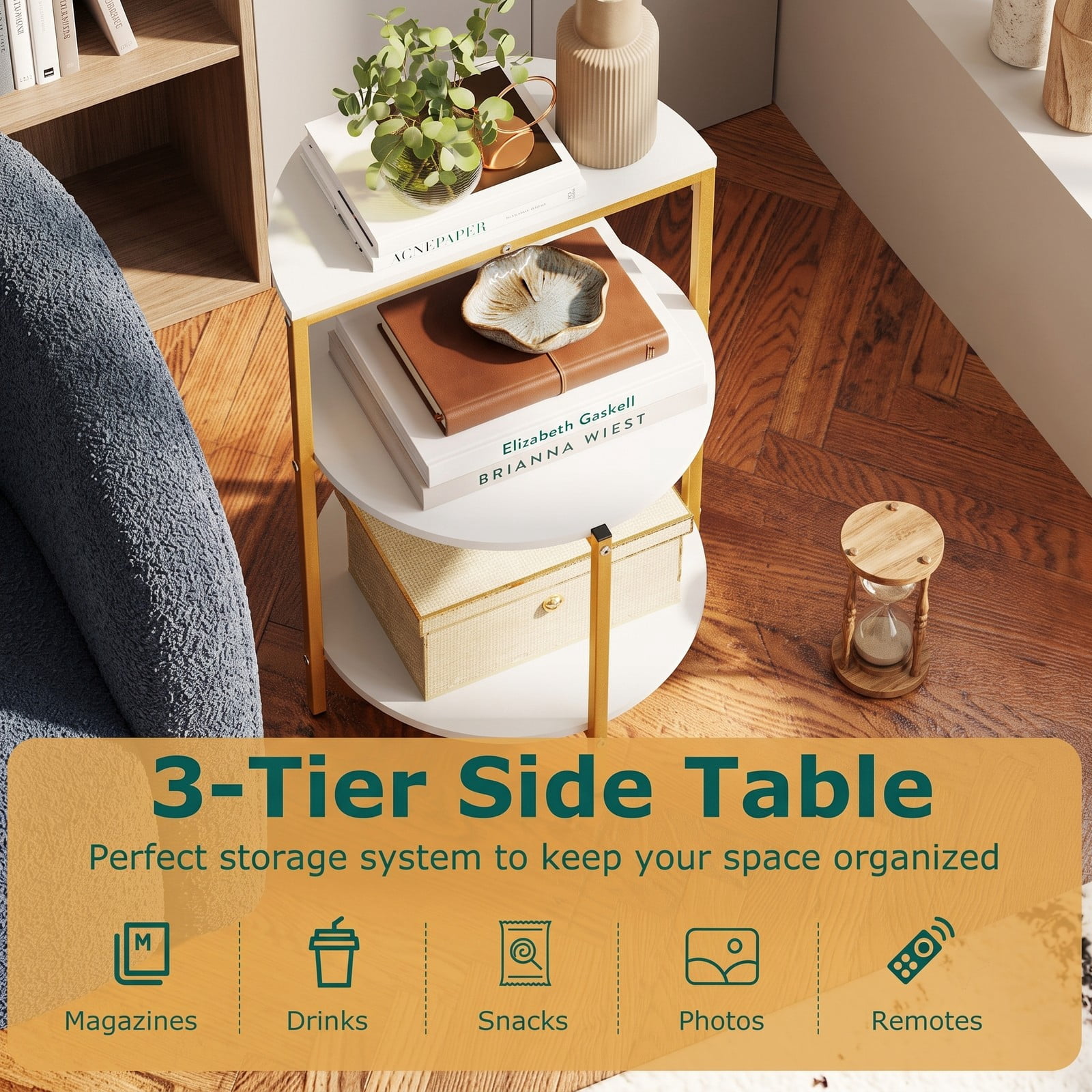 Furnibear 3-Tier Round End Table, Small Space Side Table Nightstand with Storage Shelves and X-Shaped Gold Metal Base for Living Room Bedroom Entryway, White & Gold