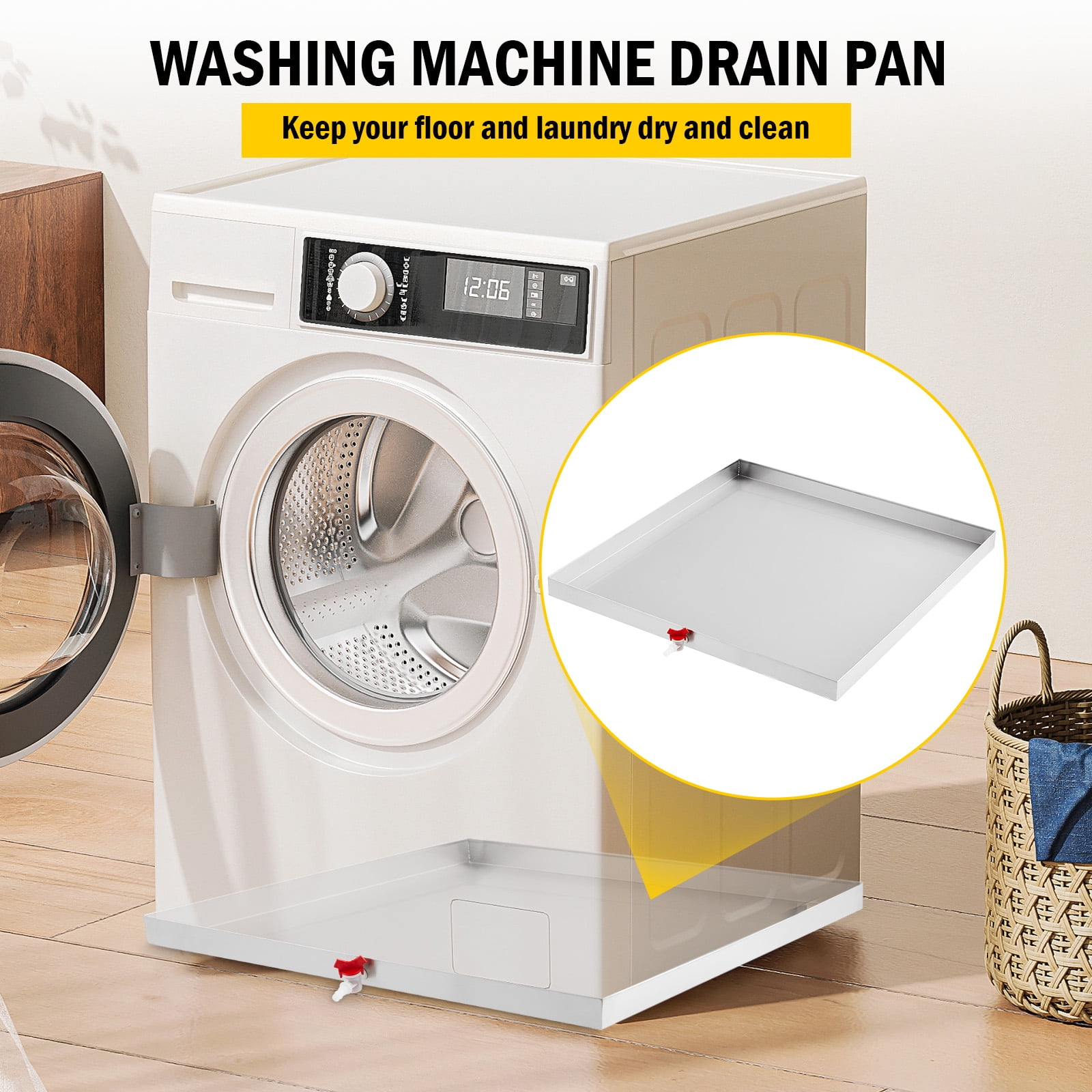 Washing Machine Pan 28" x 30", 304 Stainless Steel Washing Machine Drain Pan Heavy Duty Compact Washer Drip Tray with Drain Hole & Hose Adapte, 4 Pcs Anti-Vibration Washing Machine Feet