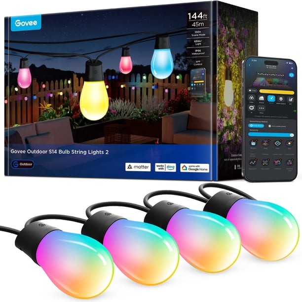 Guirnalda de luces para exteriores Govee S14, 45 LED RGBIC, 2.144 pies