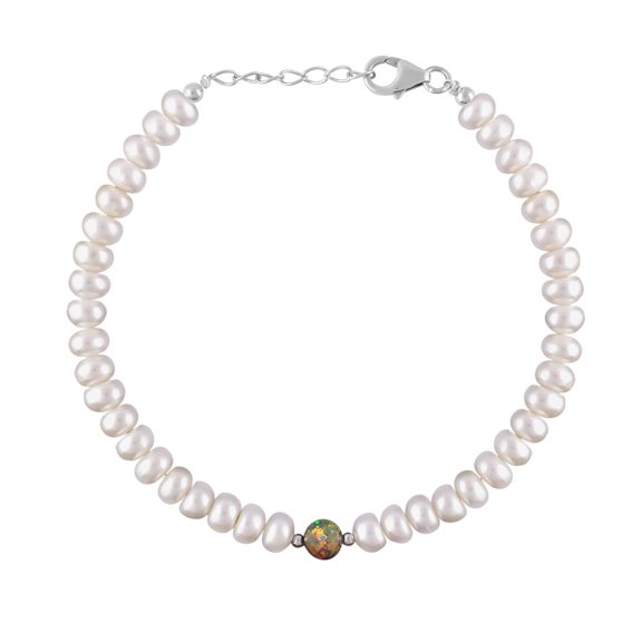 QNAVIC Genuine Peach Freshwater Cultured Pearl with Ethiopian Black Opal Full Beaded Bracelet, Handmade Jewelry, Birthstone, Gift for Women, 925 Sterling Silver Bracelet 8"