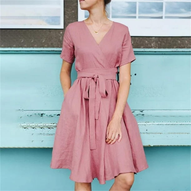 Vestido informal de mujer con cuello en V de algodón y lino elegante vestido sencillo hasta la rodilla Vestidos FLhrweasw Nuevo