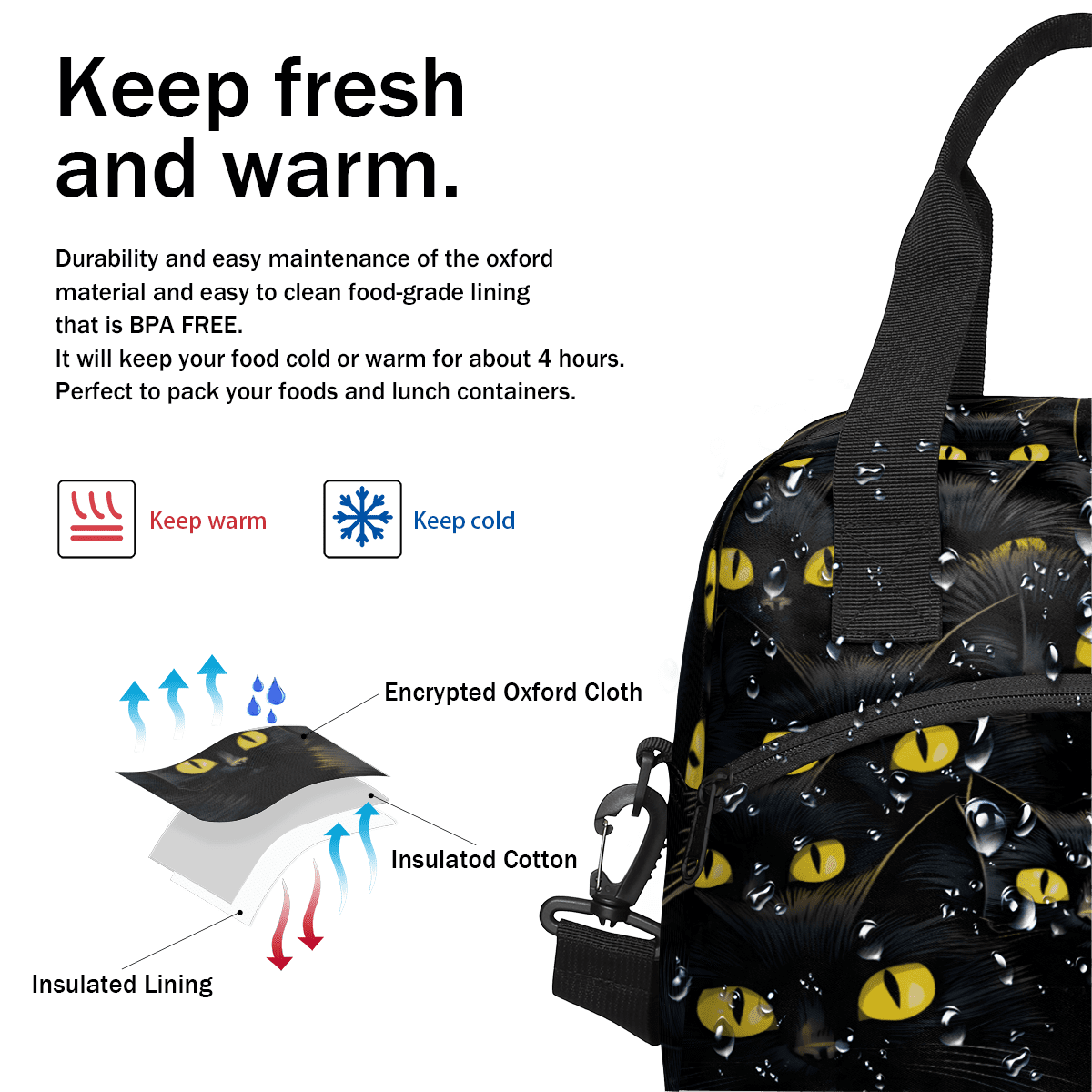Herdesigns Funny Insulated Lunch Bag for Women Men Adults Large Reusable Lunch Box Black Cat Leakproof Cooler Tote Bags with Adjustable Shoulder Strap