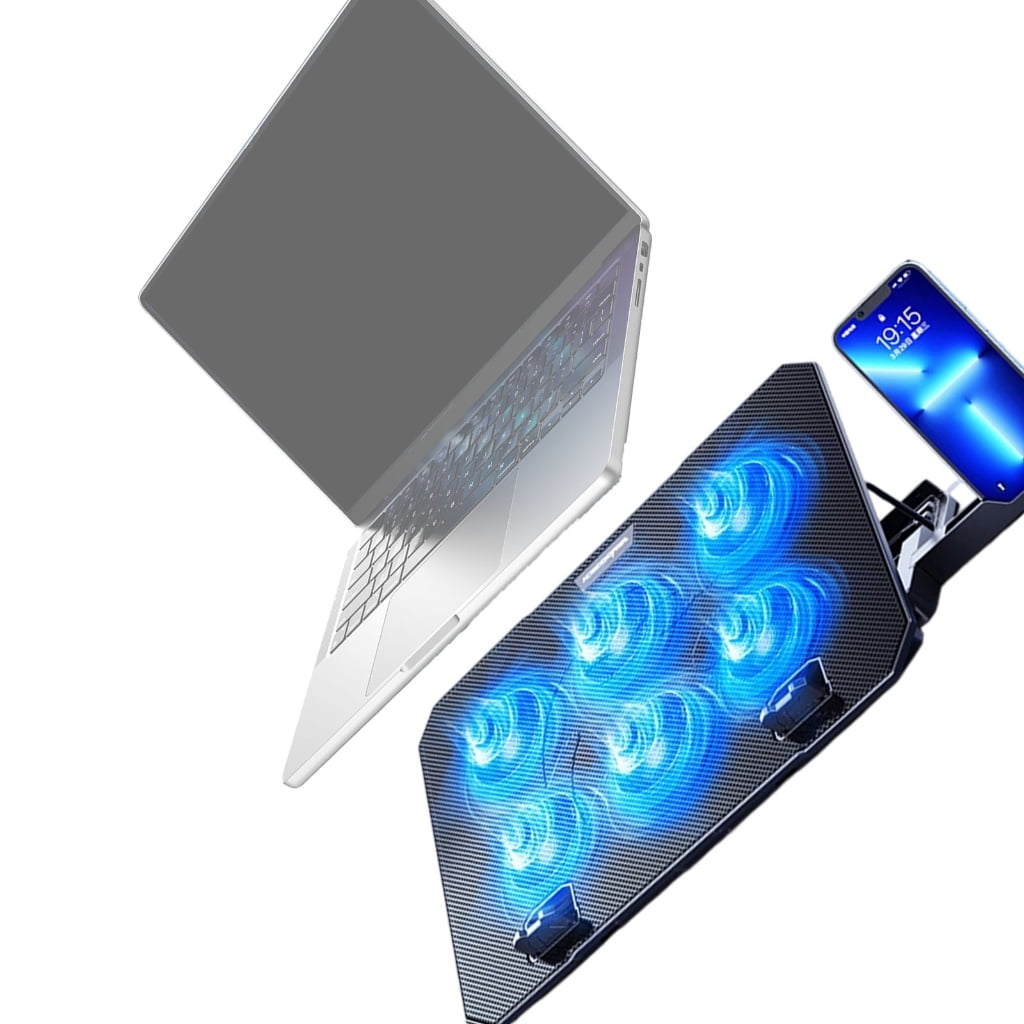 Laptop Cooling Pad LED Gaming Laptop Cooling 6 Quiet Fan Adjustable Height Stand with 2 USB Port Phone Holder