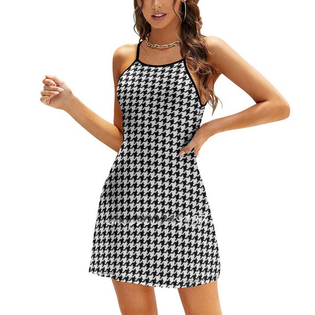Robe Évasée Pied-de-Poule Col Carré Robe Élégante Mode Féminine Imprimée Motif Pied-de-Poule Fond Abstrait Texture