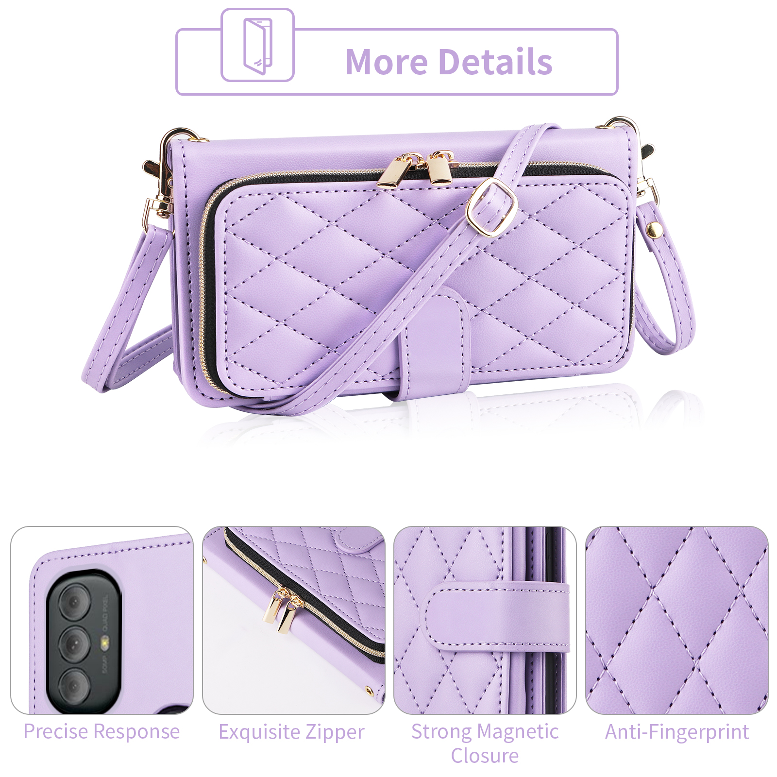 Furiet Argyle Wallet Case for Motorola Moto G Power 2022/MotoG Play 2023/G Pure 2021 with Wrist/Shoulder Strap Zipper Purse Slots Stand Phone Cover for XT2165DL XT2163DL XT2165-5 XT2271-5 Purple