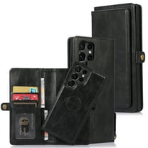 Compatible with Samsung Galaxy S25 Ultra Detachable Wallet Case, Premium PU Leather Zipper Folio RFID Blocking with Card Slot Wrist Strap Magnetic Closure Built-in Kickstand Protective Case, Black