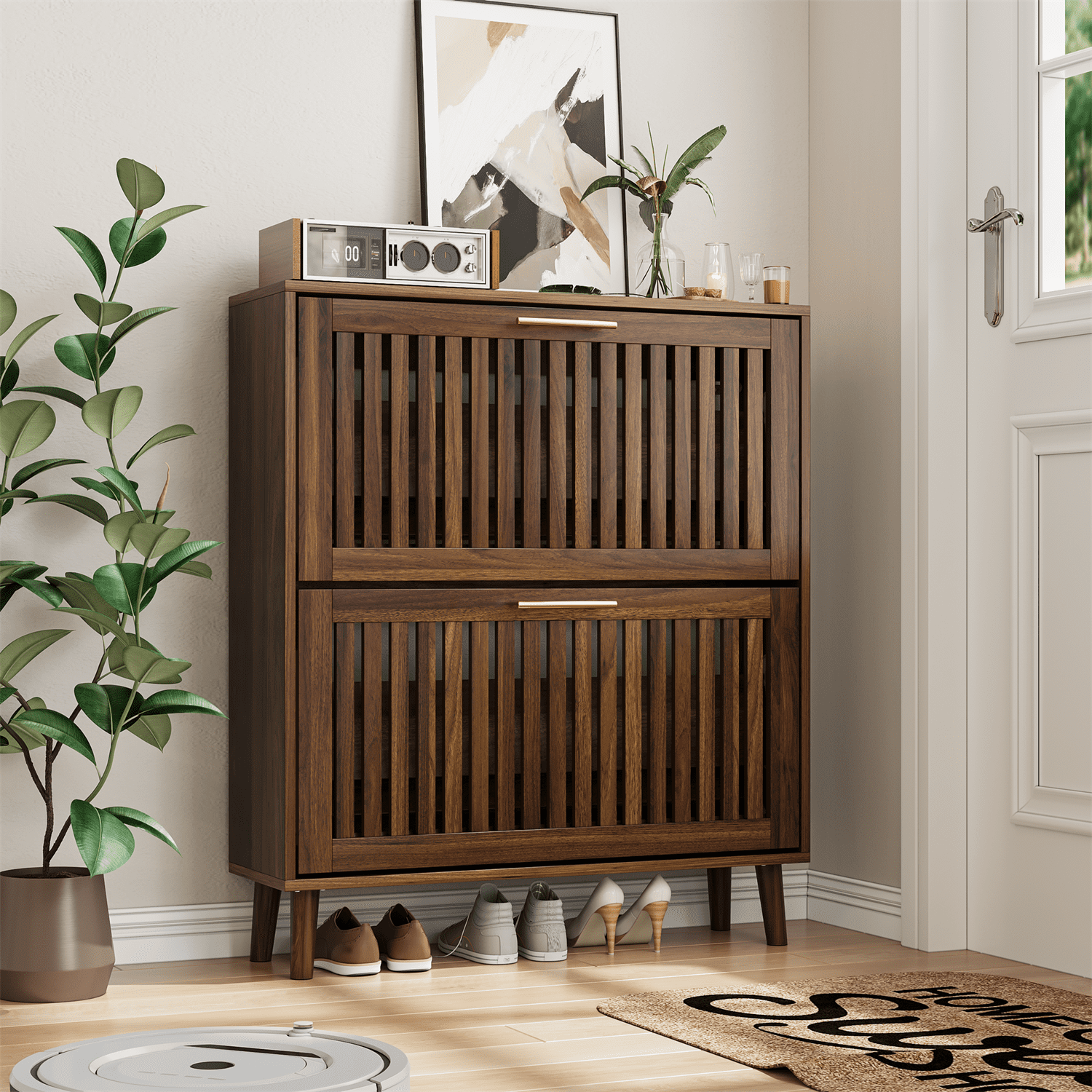 Hommoo 31.5-inch Shoe Cabinet, 2 Flip Drawers Freestanding Shoe Cabinet, Suitable for Corridors and Entrances, Walnut