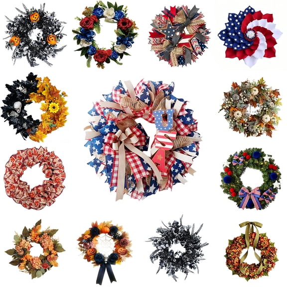 Nkmbld 4th of July Wreaths for Front Door, Independence Day Wreath Red White Blue Flower Wreath for Independence Day Memorial Day Flag Day Decor