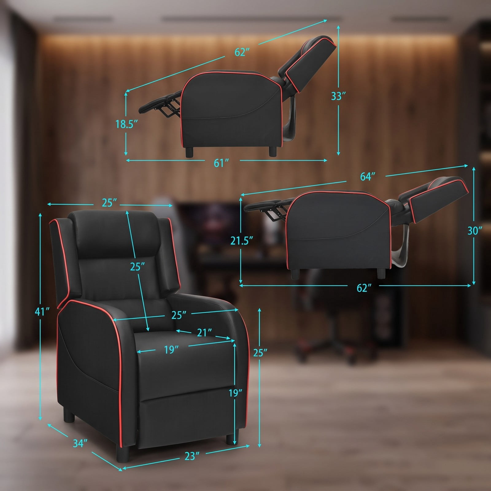 Furnibear Massage Gaming Recliner Chair, Ergonomic PU Leather Racing Style Reclining Sofa with Footrest, Lumbar Massage, Headrest Pillow and Remote for Home, Red