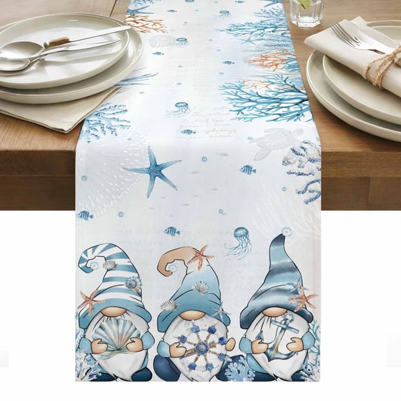 Blue Gnomes Coastal Table Runner - 48 Inch Long, Kitchen Dining Table Runner Dresser Scarves, Nautical Coral Starfish Ocean Summer Farmhouse Decor for Coffee Tables Wedding Party Banquet