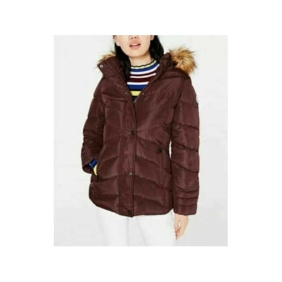 MADDEN GIRL Womens Burgundy Zippered Faux Fur Hooded Pocketed Puffer Winter Jacket Coat Juniors L