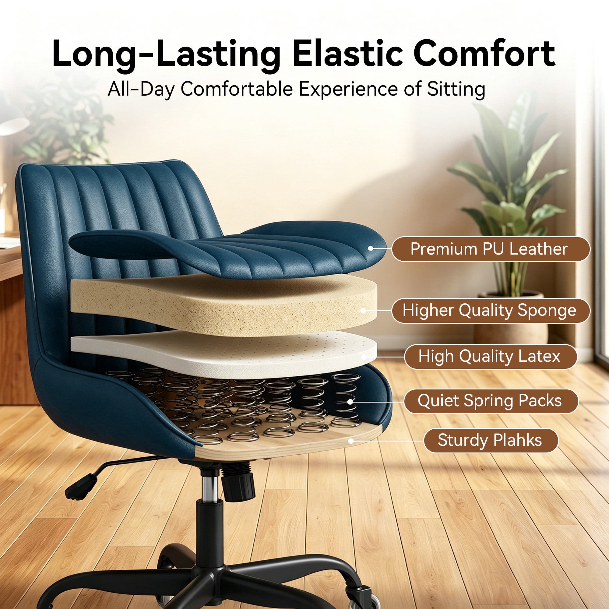 MOONMISS Armless Office Desk Chair Modern Upholstered Faux Leather Swivel Task Chair,Blue