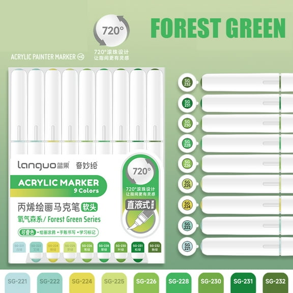 Water Based Acrylic Paint Markers Green, 9 Colors Acrylic Paint Pens Set with Soft Brush Tip, Marker Pen for Rock Painting, Egg, Wood, Glass, Paper, Mugs, Acrylic Painter Ink