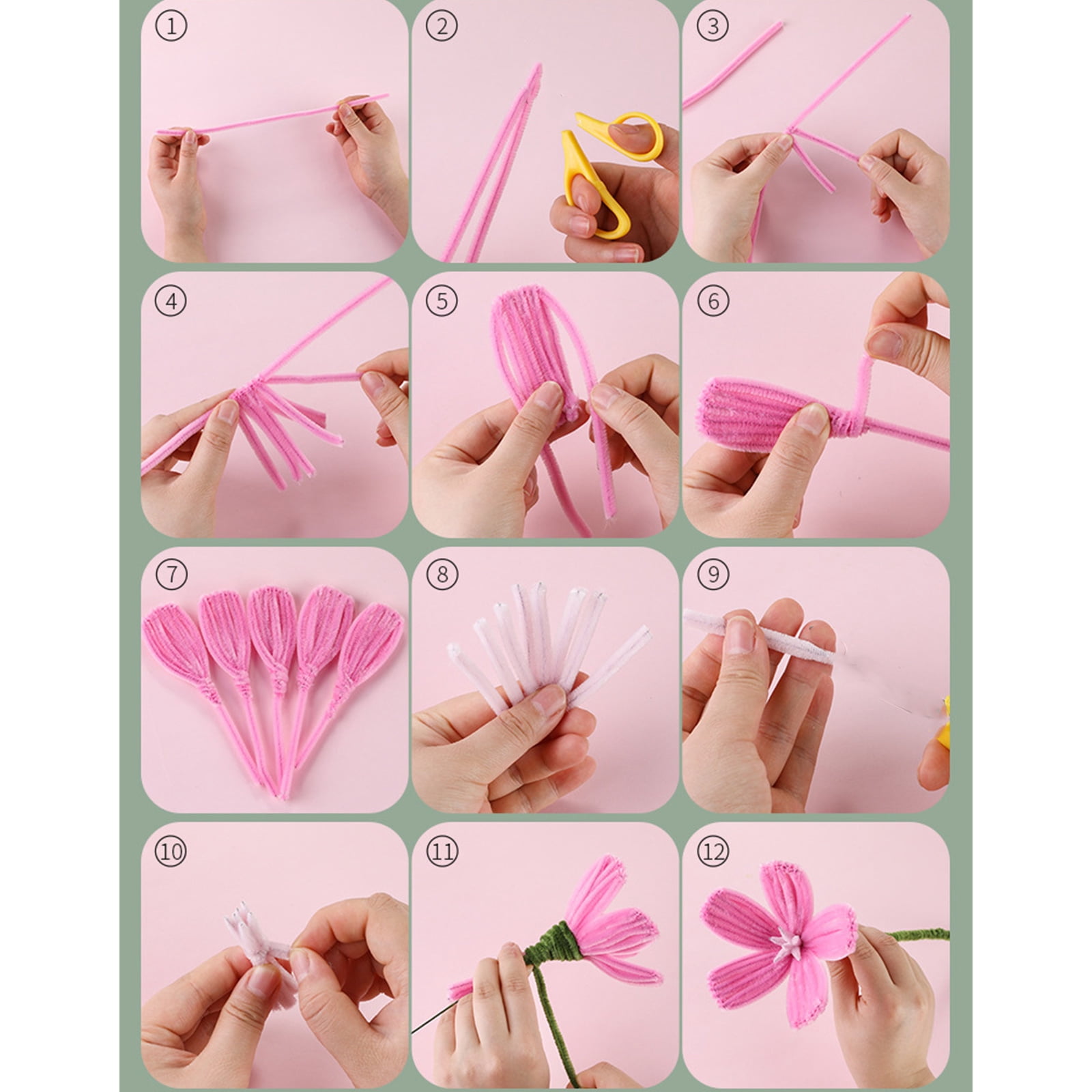 550Pcs Plush Stems Bouquets Craft Set with Instruction Handmade Pipe Cleaners Bouquets Set for Vase Flower Arrangements