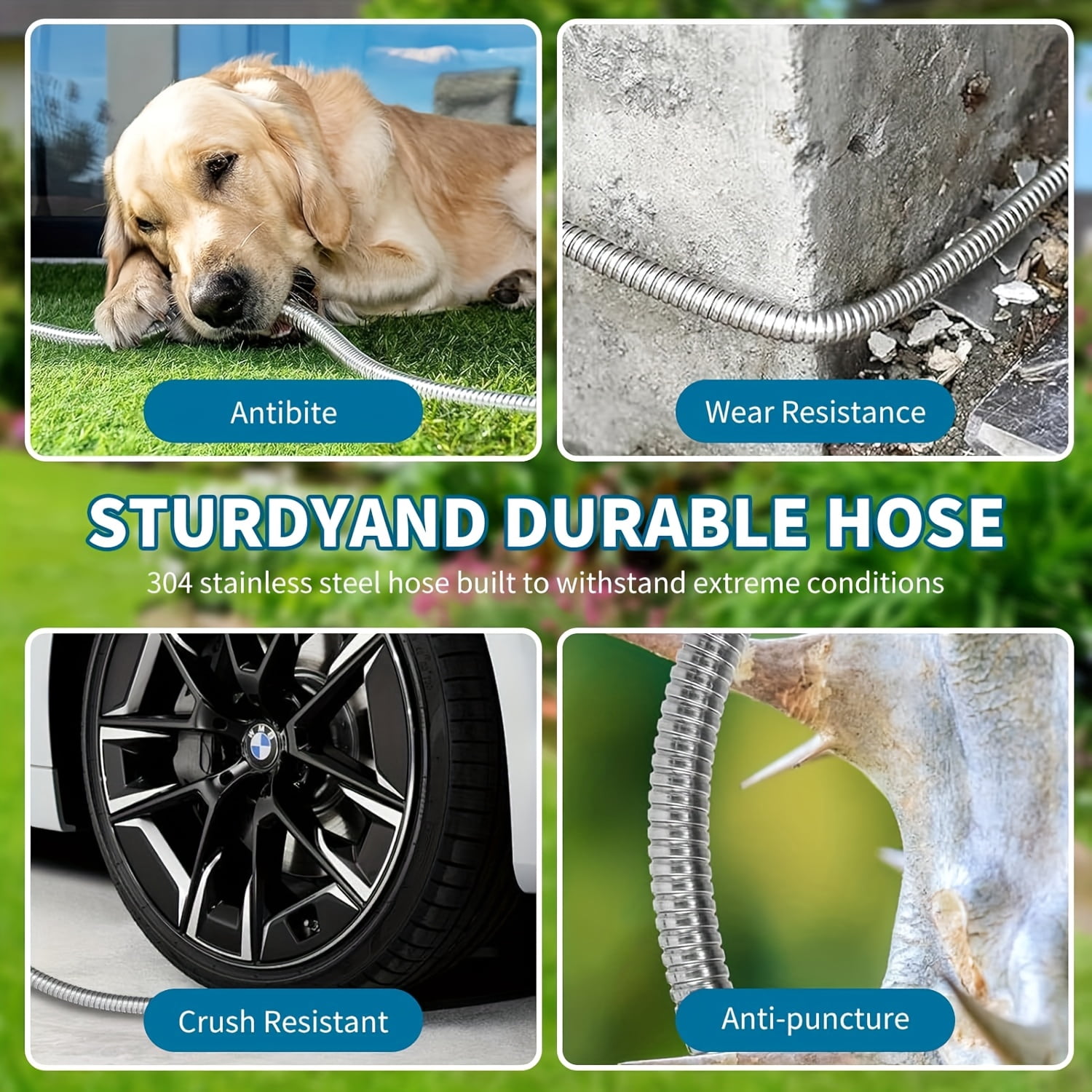 304 Stainless Steel Garden Hose 50ft, Heavy Duty Metal Water Hose - Flexible, No Kink & Tangle Free, Puncture Proof with 10 Function Nozzle for RV, Yard, Outdoor, Lawn Care